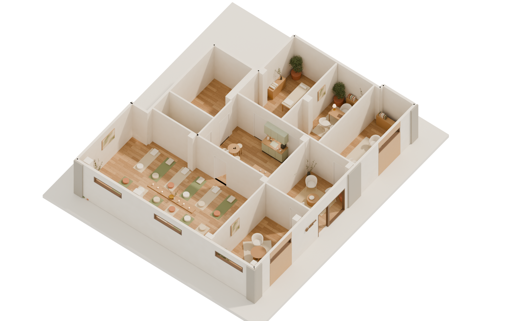 Maqueta del centro vista desde arriba, sin techo: la sala de grupo con esterillas, los despachos, la consulta, la recepción y la entrada.