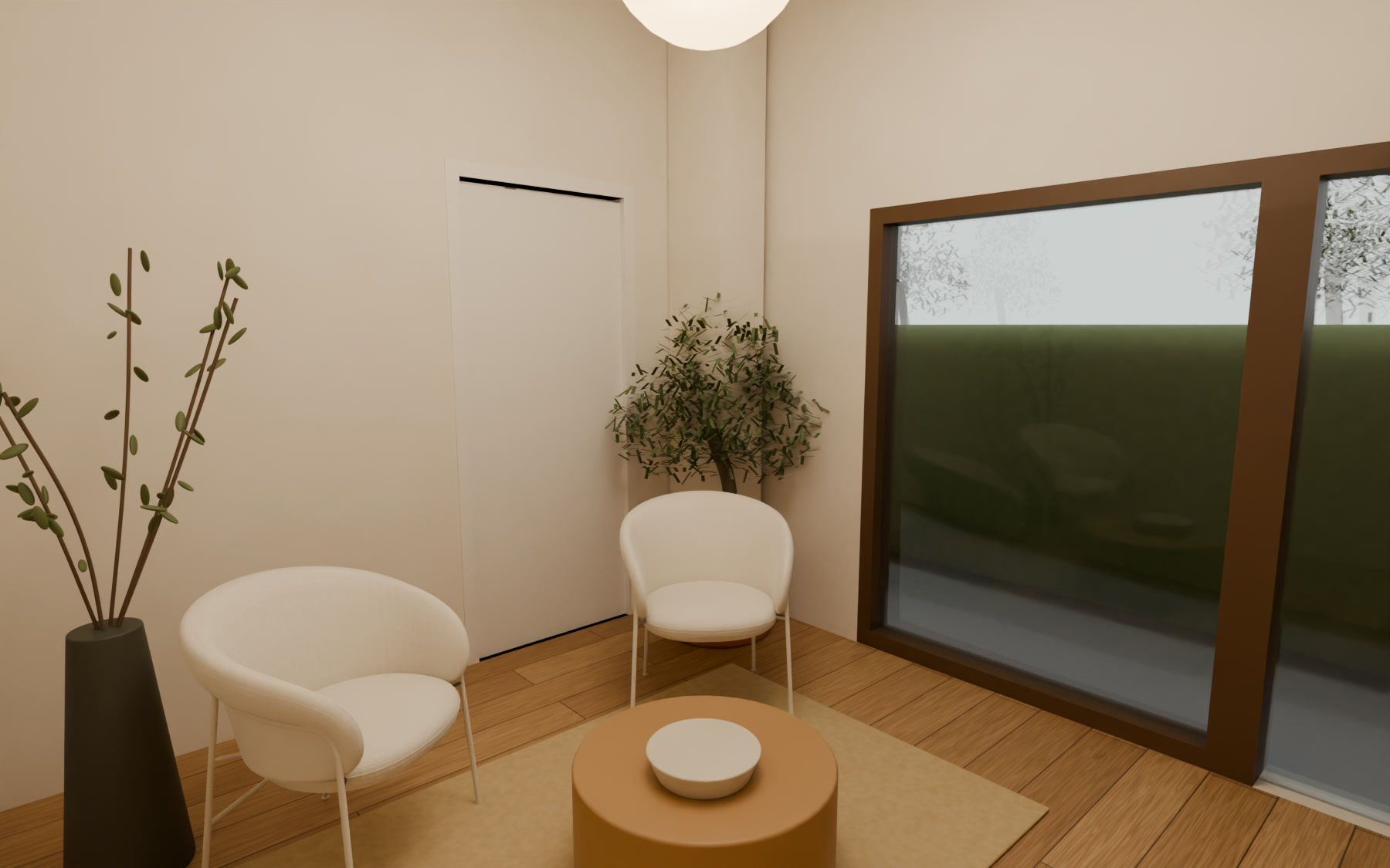 Recepción con dos sillones, mesa baja, farolillo de papel y la cristalera de la entrada.