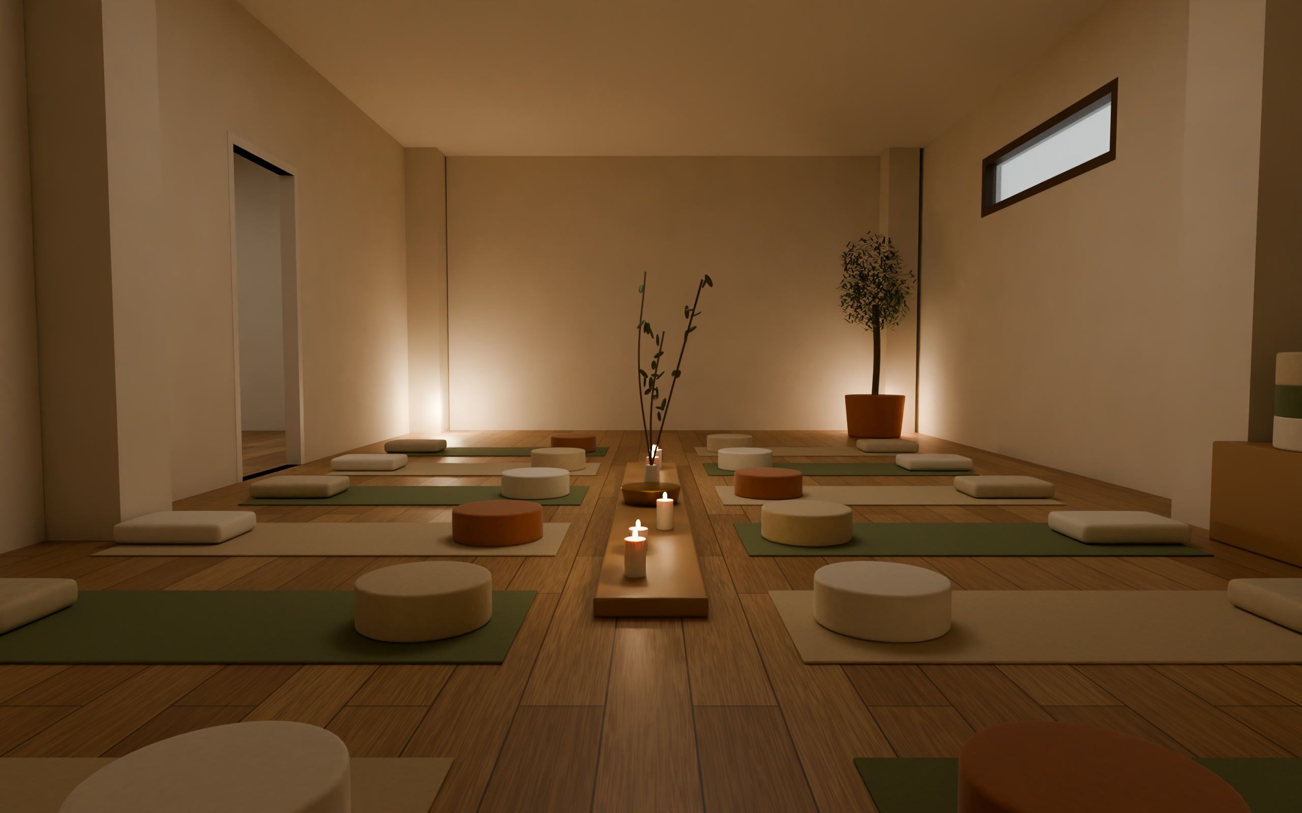Imagen simulada de la sala de grupo de Sukhalla: esterillas con zafus a ambos lados de un pasillo de velas, con luz cálida y suelo de roble.